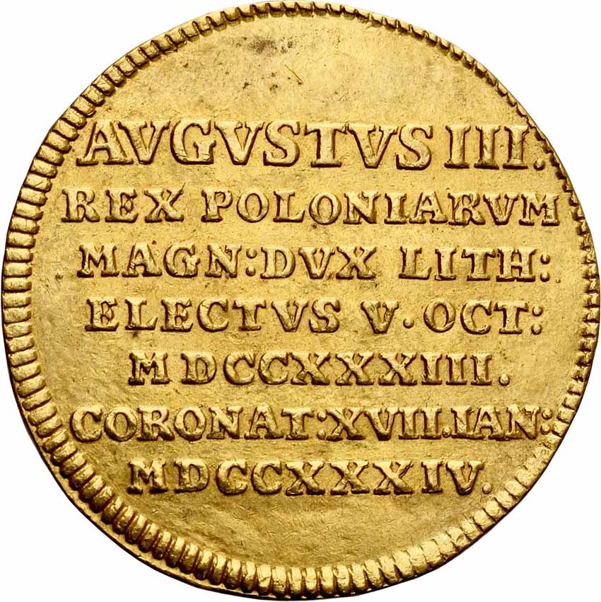 August lll Sas. Żeton koronacyjny wagi 2 dukatów 1734, złoto